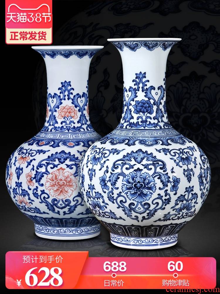 Jingdezhen ceramics vase hand - made archaize large sitting room of Chinese style household flower arrangement of blue and white porcelain decoration furnishing articles