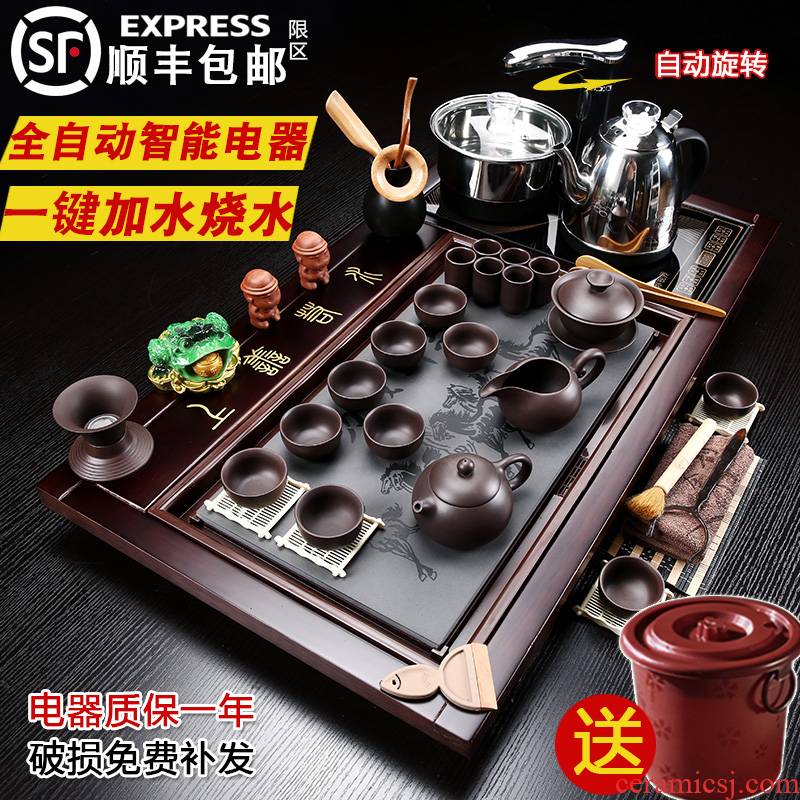 Violet arenaceous kung fu tea set suit household contracted ceramic cups magnetic electric furnace tea tea complete set of solid wood tea tray