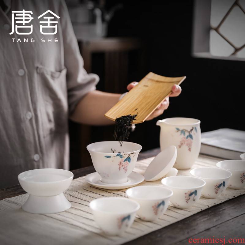Tang s set of hand - made of dehua white porcelain kung fu tea set ceramic tureen tea cups of a complete set of the home office