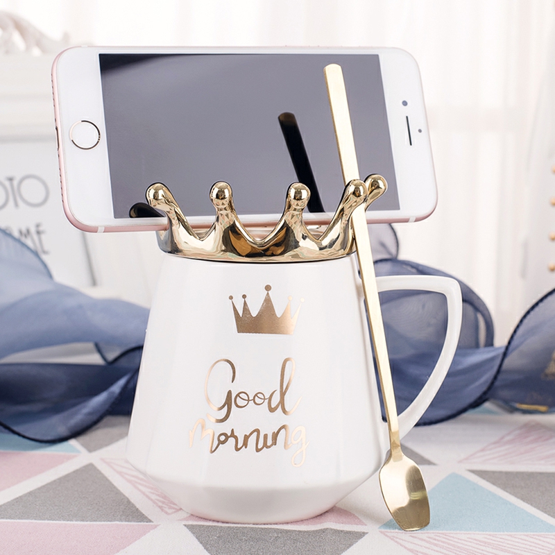 Girl heart crown ceramic female mark cup with cover teaspoons of creative move trend household milk cereal glass cup