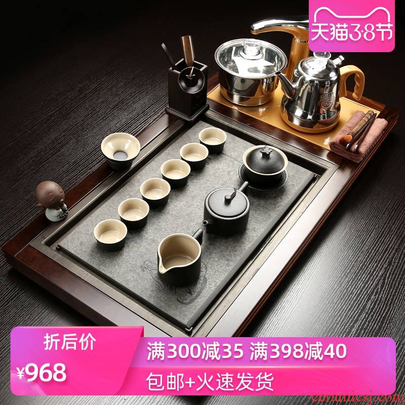Poly real (sheng sharply stone tea tray ebony four unity of violet arenaceous kunfu tea tea set of household solid wood, induction cooker