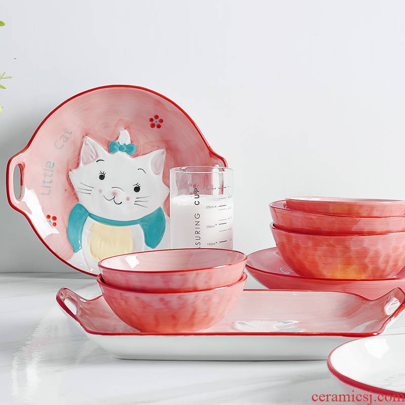 Web celebrity cutlery set to use creative hand - made the design cat ranging ceramic plate household move dishes