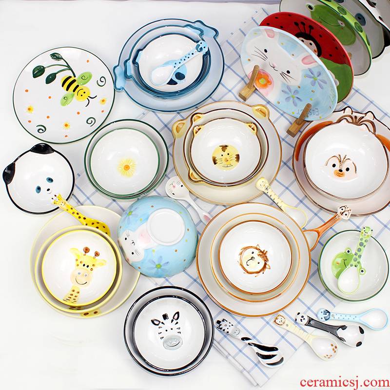 Love graces with express cartoon animal style children 's creative ceramic dishes run of four sets of environmentally friendly tableware a suit