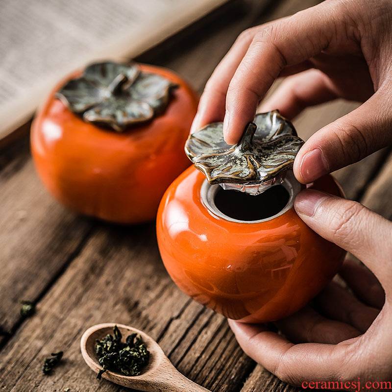 Ceramic persimmon persimmon persimmon tea canister portable mini seal pot creative best pu 'er tea, green tea gift as cans