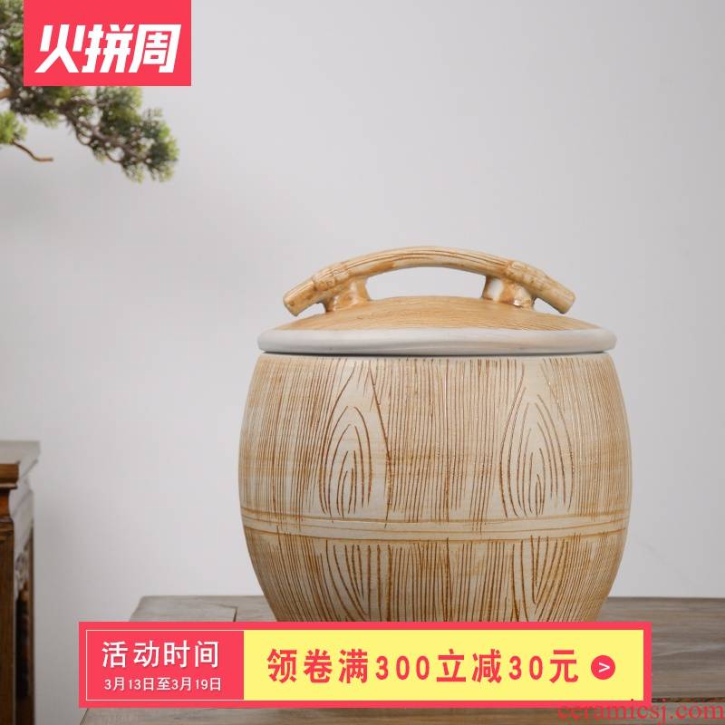 Jingdezhen ceramic barrel 10 jins 20 jins with cover 30 kg rice storage box imitation wood grain rice such as pot seal ricer box