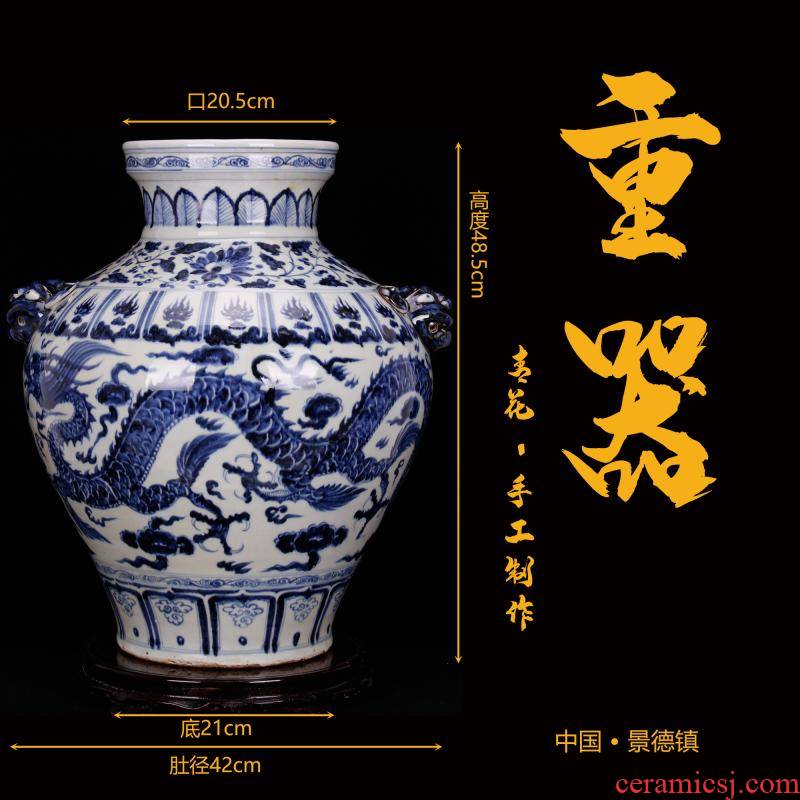 Jingdezhen blue and white YunLongWen antique porcelain pure checking tiger tank antique reproduction antique old goods furnishing articles