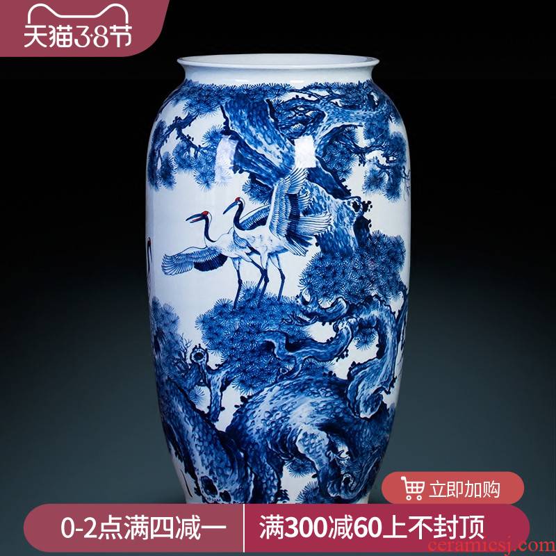 Jingdezhen ceramics hand - made ground of blue and white porcelain vase pine crane, live home sitting room adornment is placed large