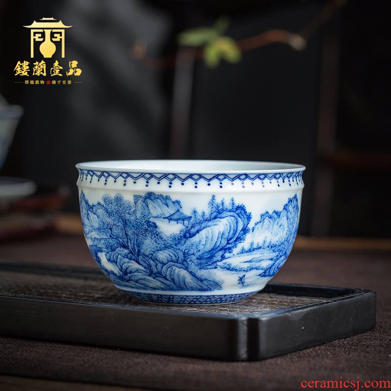 Jingdezhen blue and white landscape ceramic hand - made master cup kung fu tea set sample tea cup single cup large tea bowl of tea cups
