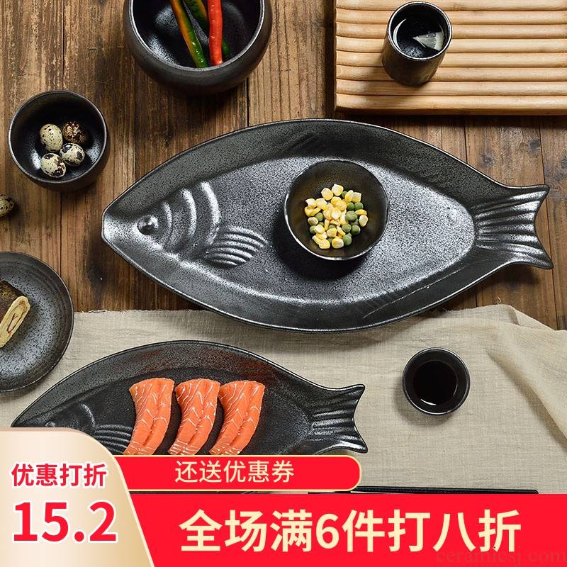 Three ceramic glaze matte enrolled black creative landscape specialty fish dish household tableware plate of seafood shell plate
