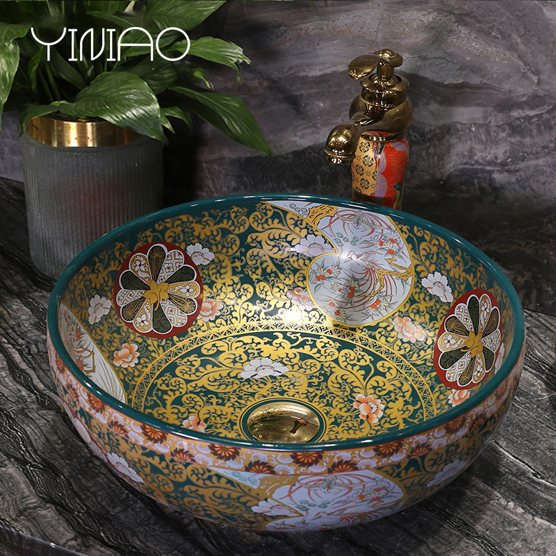 M letters birds xiangyun figure on the ceramic basin sink single small size Chinese style restoring ancient ways the lavatory circular for wash basin