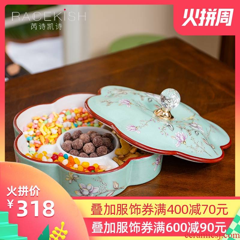 European creative ceramic bowl dessert plate dry fruit tray candy box of domestic large sitting room space snacks with cover plate