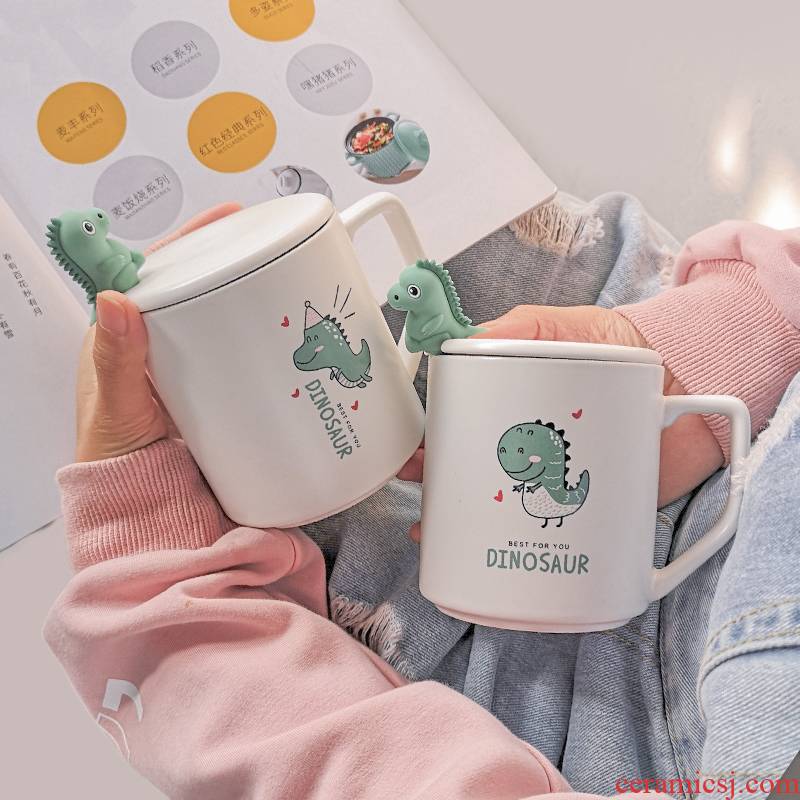 Japanese glass ceramic cup contracted coffee cup pure and fresh and lovely cartoon dinosaur keller spoon girl cup with cover