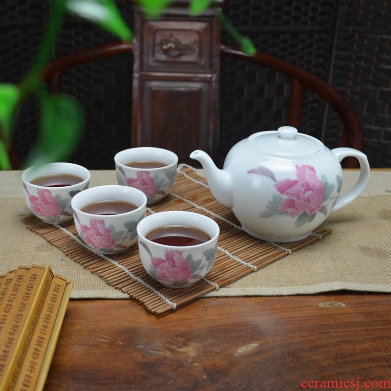 Liling ceramic new peony kung fu tea set hand draw large capacity of 4 cups of office coffee gift