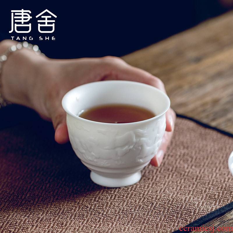 Tang s relief eight steed dehua white porcelain cup sample tea cup by hand master cup single CPU kung fu tea set personal cup