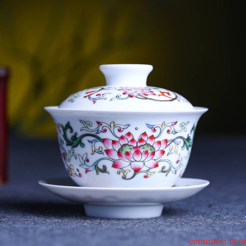 Offered home - cooked in jingdezhen porcelain tea set three to cup Jin Hongxia checking ceramic tea tureen hand - made famille rose bowl