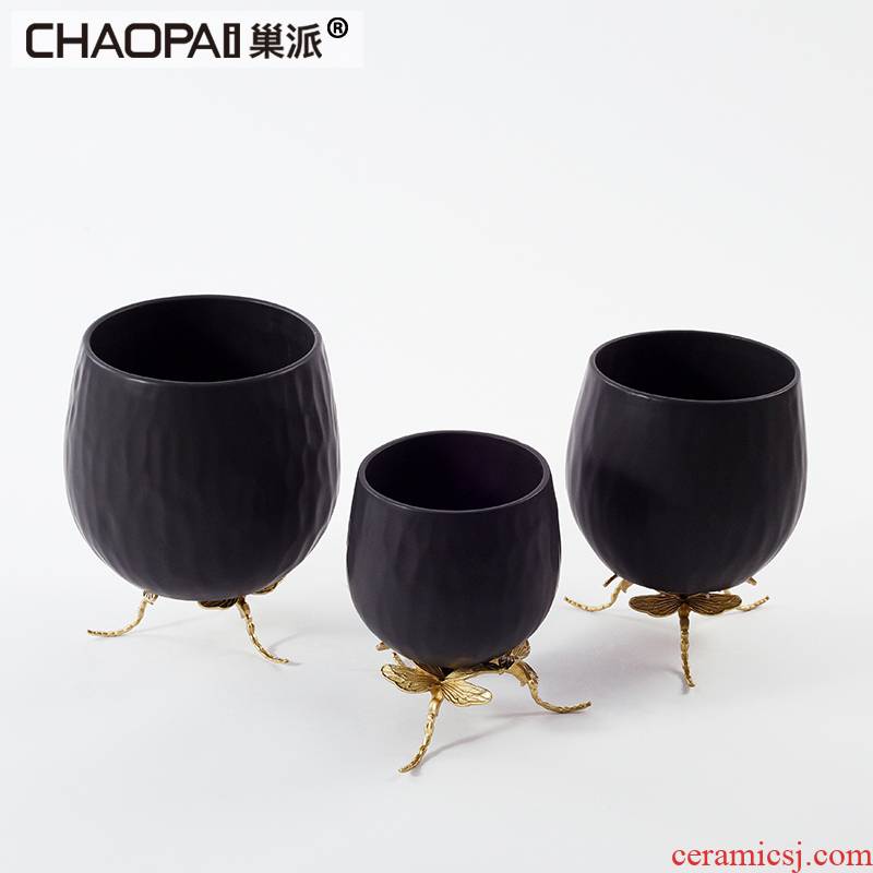 Modern light key-2 luxury ceramic flower implement furnishing articles Chinese bronze dragonfly stents vase villa clubhouse front desk soft decoration