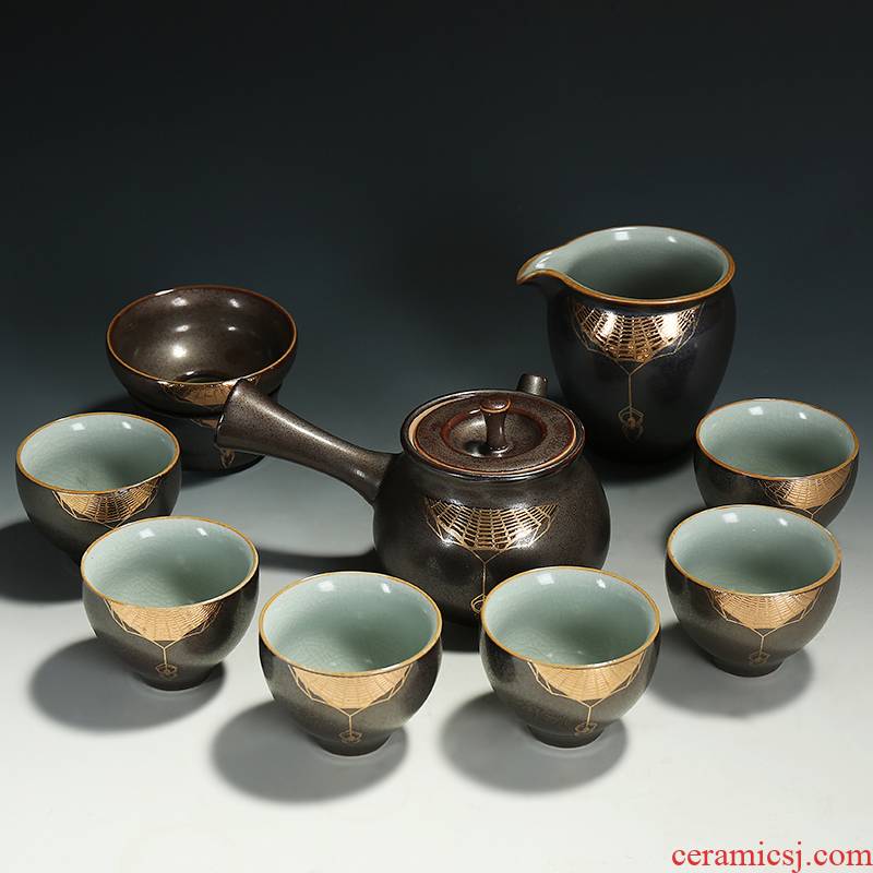 Iron glaze tea set a complete set of kung fu tea set coarse pottery Japanese side pot teapot teacup ceramic home office