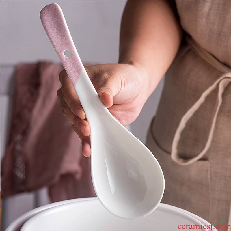 Household tablespoons ceramic large soup porridge spoon creative kitchen spoon, long - handled pure white ipads China big spoon