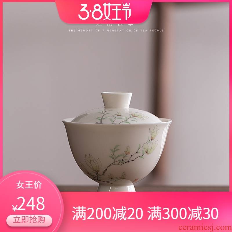 Jiangnan hand draw yulan tureen past pure manual glaze color only white porcelain tureen three cups household single tea bowl