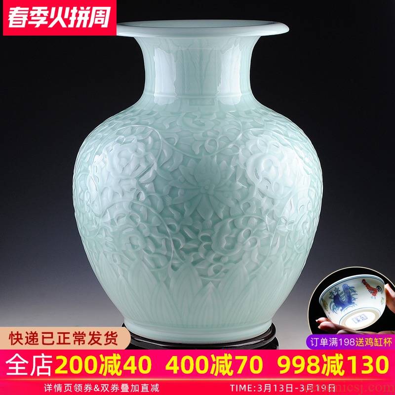 Jingdezhen ceramic furnishing articles flower implement manual reliefs green glaze of large vases, famous master works sitting room adornment