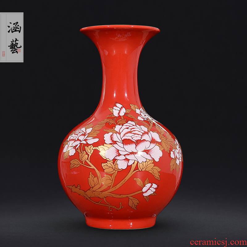 Jingdezhen ceramics wedding gifts red vase peony festival Chinese flower arranging household handicraft furnishing articles sitting room