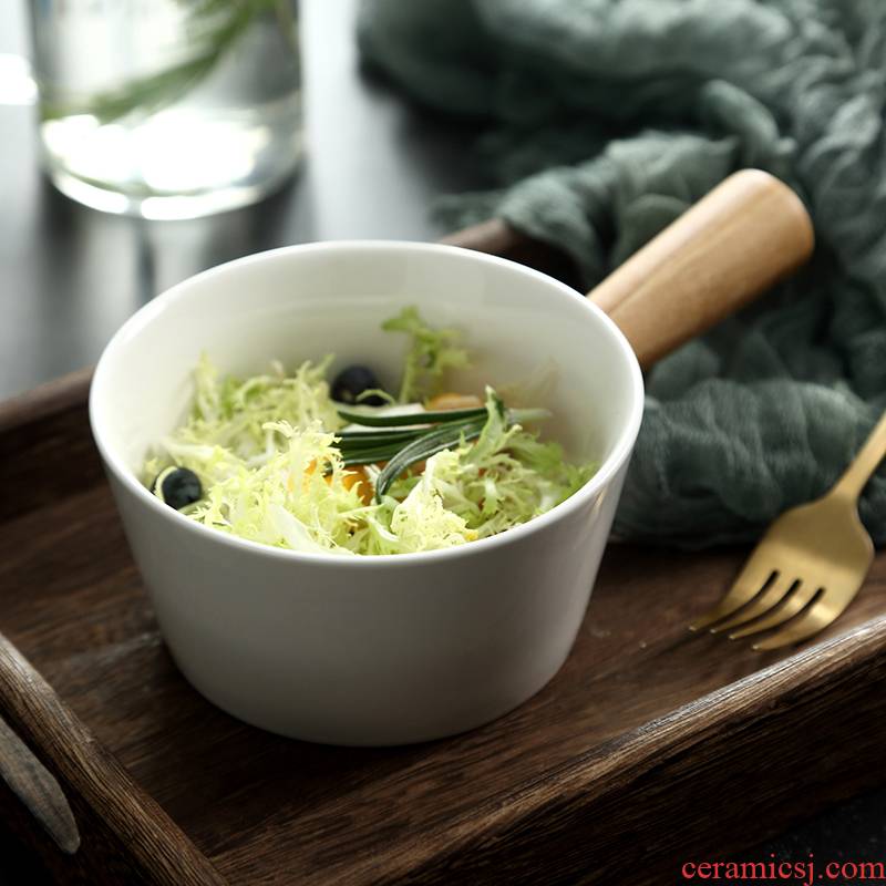 Bamboo handle bake a salad bowl bowl Nordic household ceramic bowl creative antiskid dessert bowl of fruit bowl of soup bowl