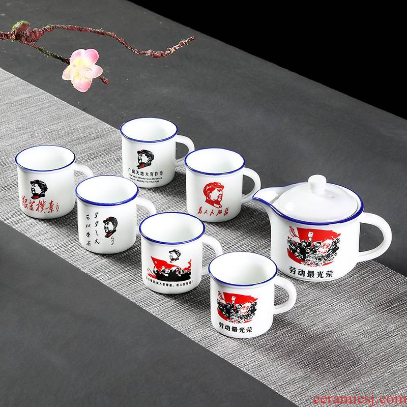 Ceramic kung fu tea set mini enamel cup tea set nostalgic restoring ancient ways 6 cup pot pot 1 cup household utensils