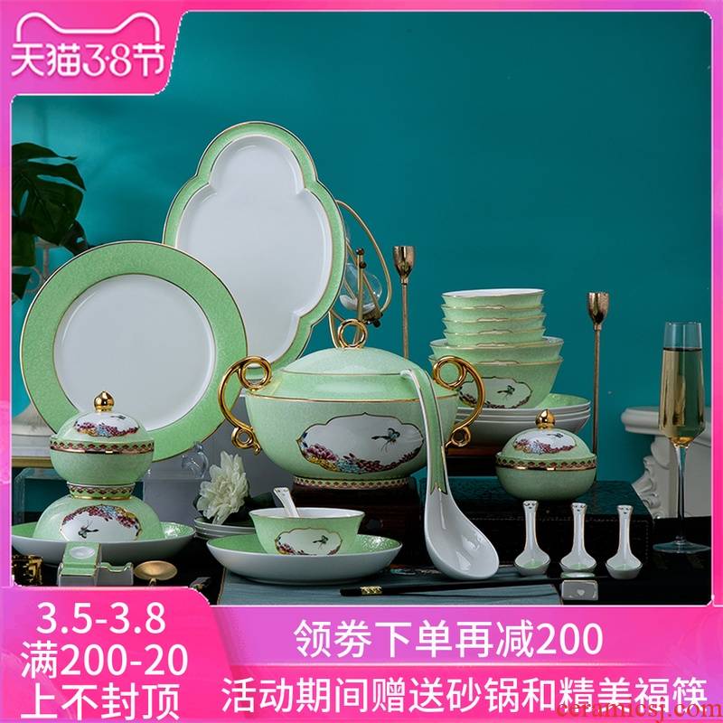Jingdezhen colored enamel tableware suit household of Chinese style up phnom penh ceramics dishes combine high - end dishes set of bowl