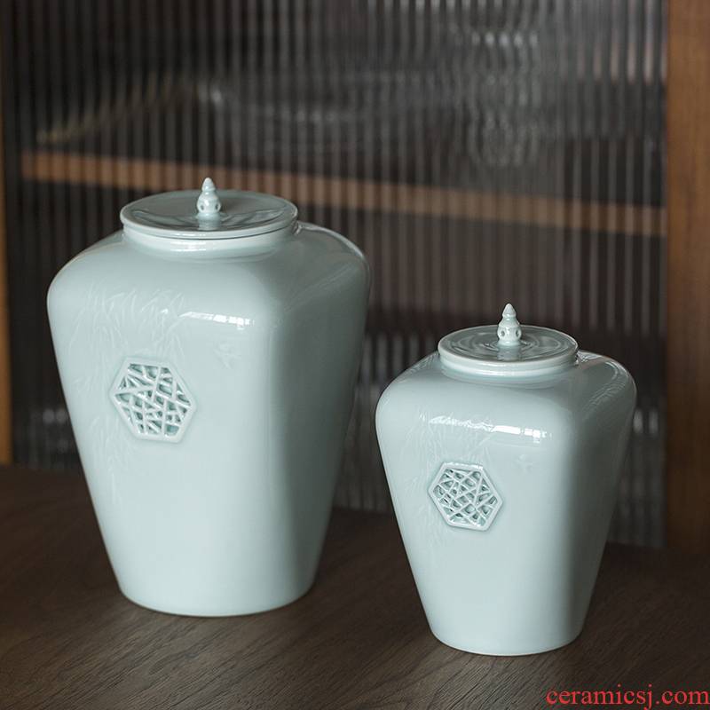 JingLan household seal tea caddy fixings celadon high - capacity storage tank moistureproof warehouse large puer tea POTS