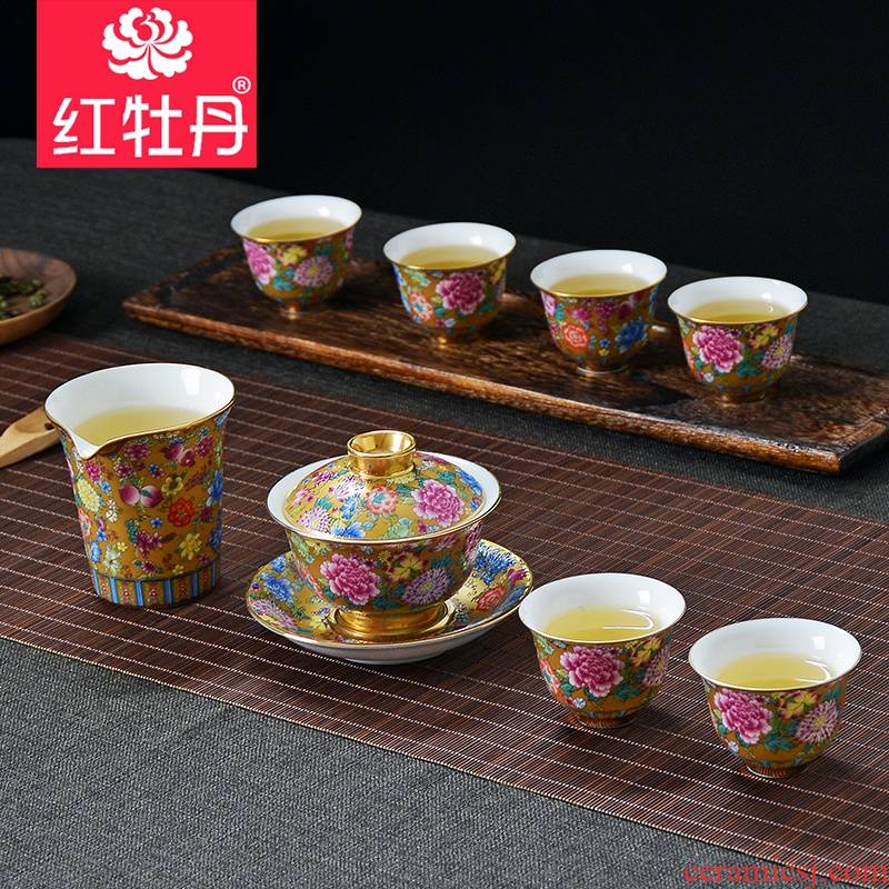 Red peony tea set suit household small colored enamel small ceramic tea tea tea set ou a complete set of tea cups