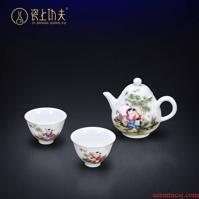 Jingdezhen ceramic kung fu tea set all hand colored enamel hand - made lad design a pot of two cups of domestic cups