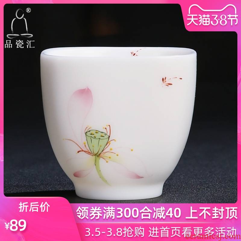 The Product dehua porcelain remit jade built white porcelain tea cups hand - made lotus square cup personal cup master cup sample tea cup