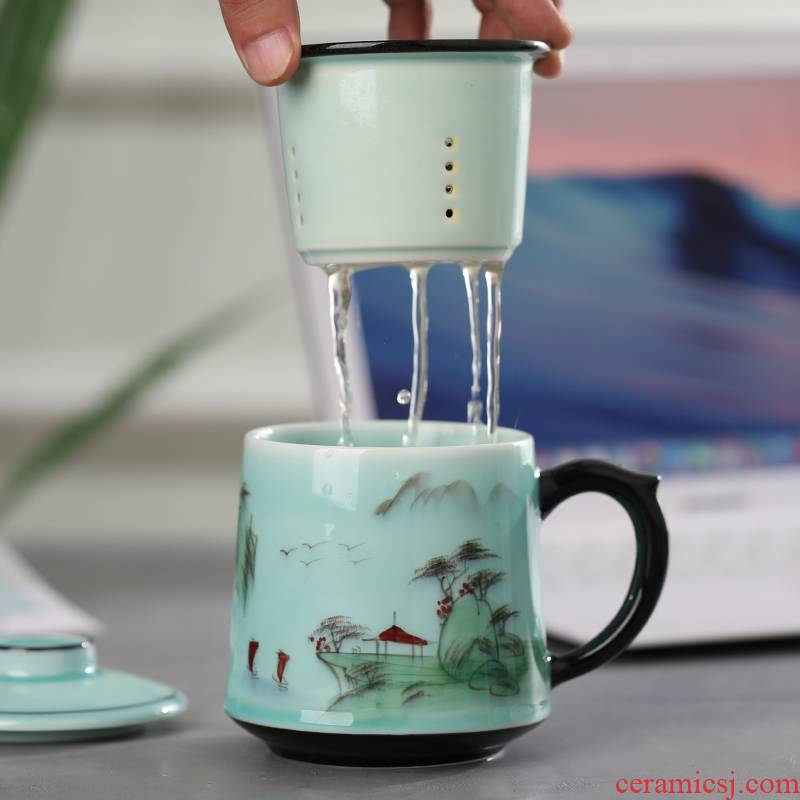 Jingdezhen ceramic cups with cover household mugs hand - made office cup men 's and women' s large capacity filter cup water