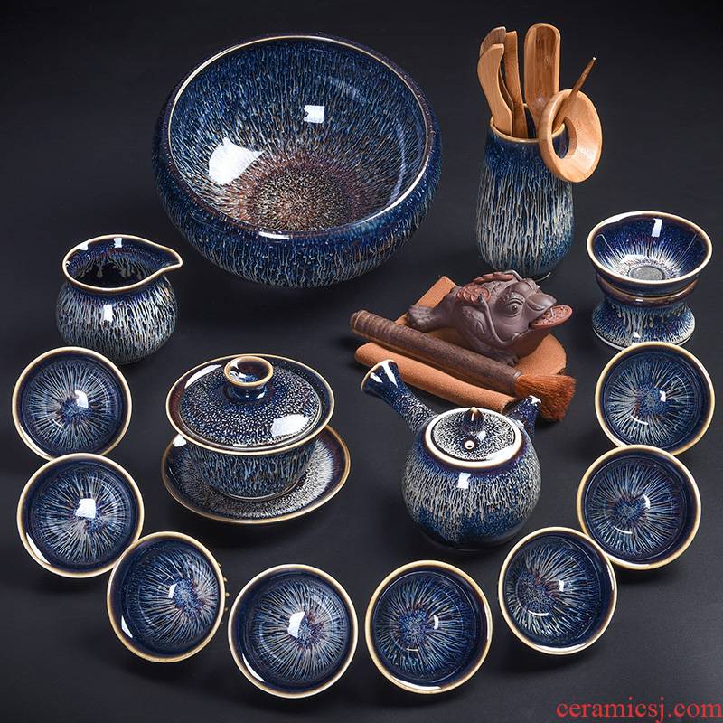 Laugh, jingdezhen temmoku by light blue drawing to build light tea set household with silver star light tea set