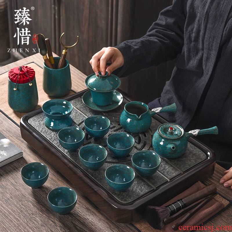 "Precious little creative green pine glaze sect silver ceramic teapot kung fu tea set household contracted GaiWanCha cups dish suits for