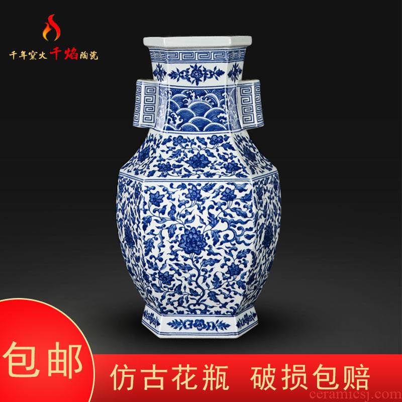Jingdezhen ceramics mesa blue and white porcelain vase bound branch lotus ears six sides square bottle of traditional Chinese style living room decoration