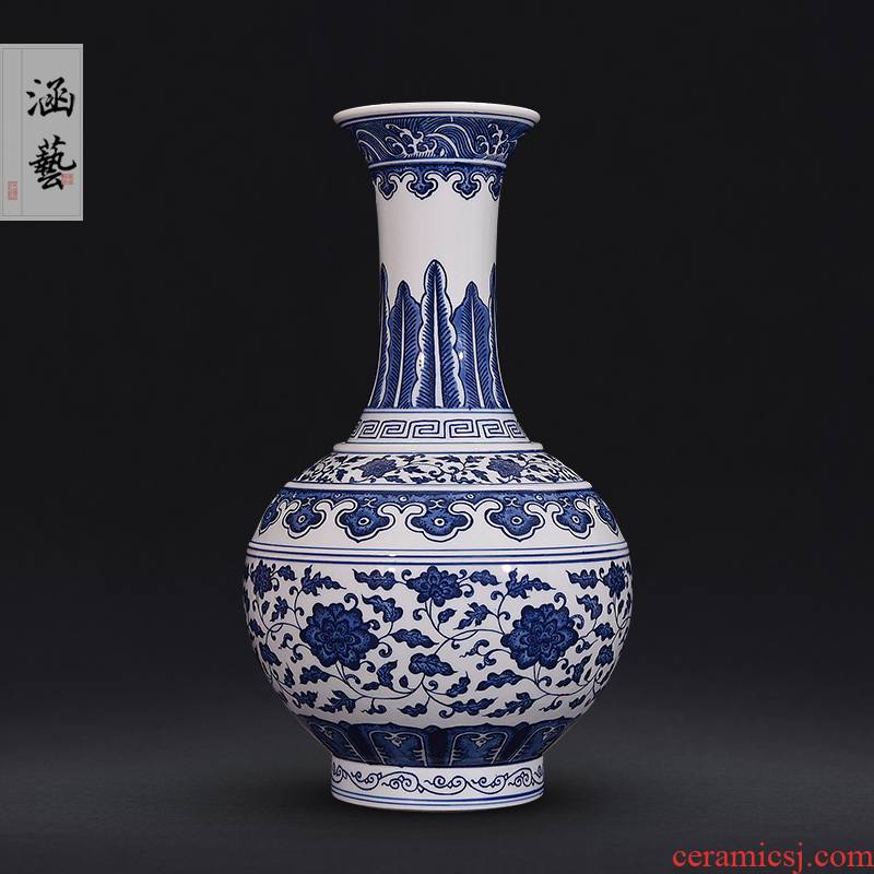 Jingdezhen ceramic hand - made antique blue - and - white bound lotus flower pattern of the reward bottle of flower arranging the sitting room of Chinese style decorative furnishing articles of handicraft