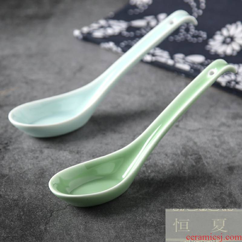 Ceramic porridge spoon, run a large spoon to eat noodles with flat longquan celadon household spoon, spoon, long handle the hot ultimately responds soup spoon