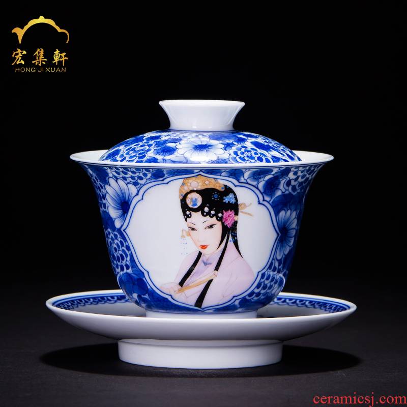 Only three tureen tea cups of jingdezhen blue and white flower ceramic hand - made pastel kung fu tea bowl bowl