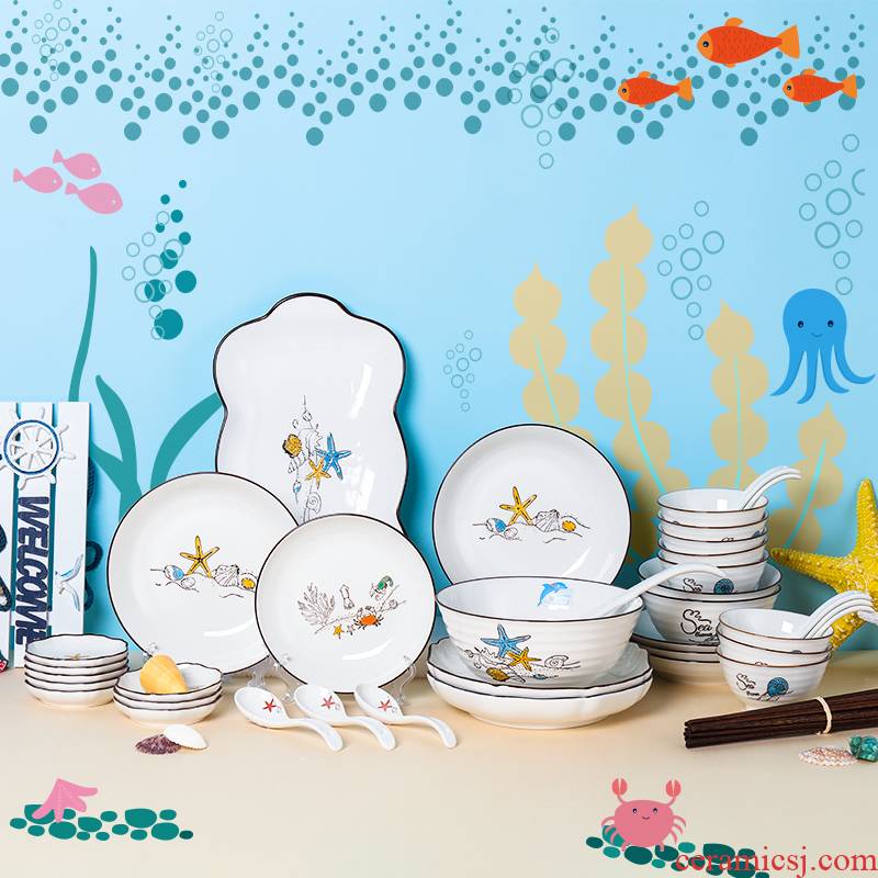 Shun cheung ceramic dish bowl suit household northern dishes, lovely creative cartoon web celebrity bowl chopsticks tableware portfolio