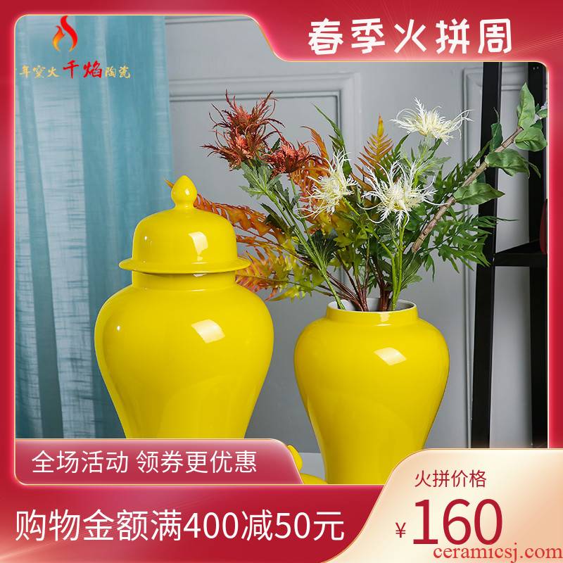 Jingdezhen ceramics of new Chinese style wine porch mesa adornment general furnishing articles can vase planting yellow decorations