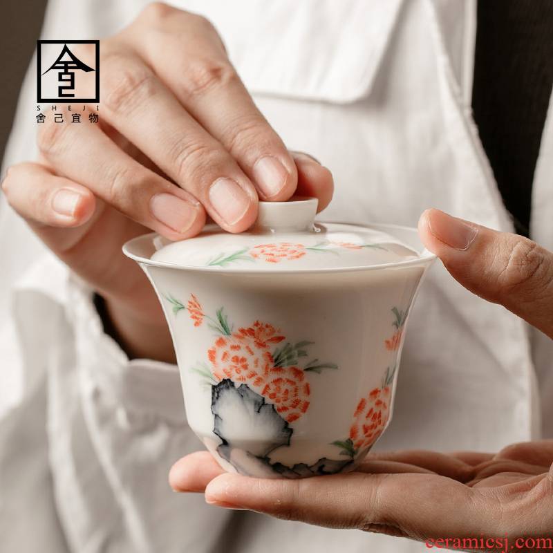 The Self - "appropriate content of jingdezhen manual hand - made tureen single CPU use Japanese white porcelain GaiWanCha kung fu tea set