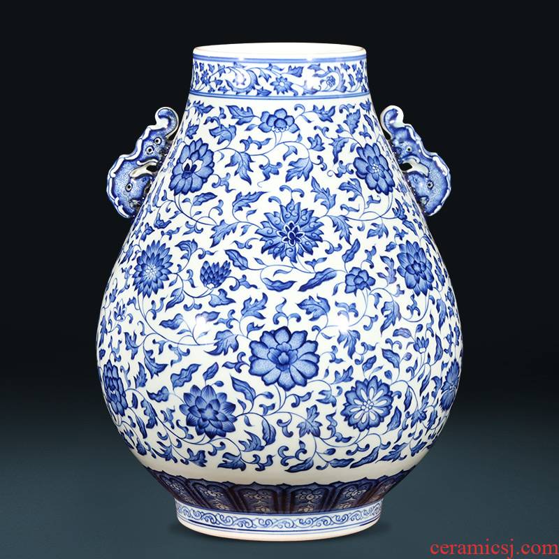 Jingdezhen ceramics creative hand - made antique Chinese wine sitting room adornment is placed ears of blue and white porcelain vase