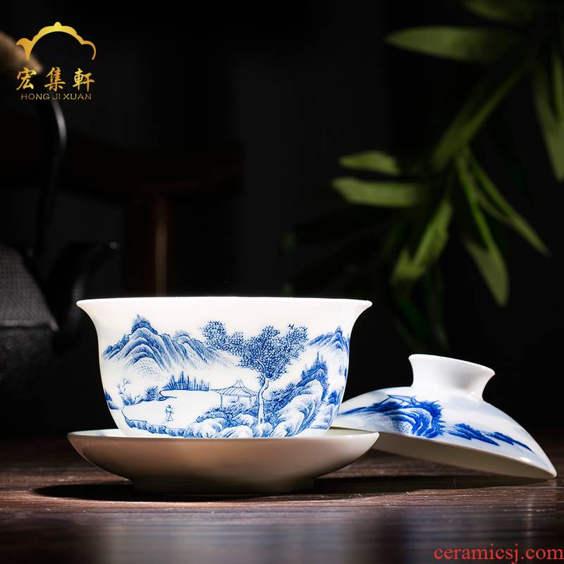 Jingdezhen ceramic tea set tea tureen teacups hand - made scenery of blue and white porcelain bowl only three cups of tubas pot