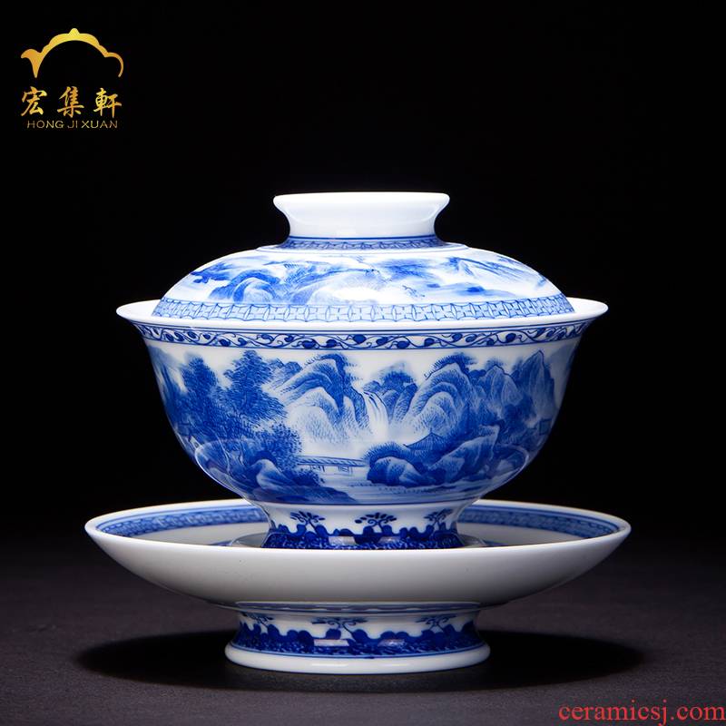 Jingdezhen ceramics tureen hand - made under the blue and white glaze porcelain cups landscape high tea bowl three tureen tea cups