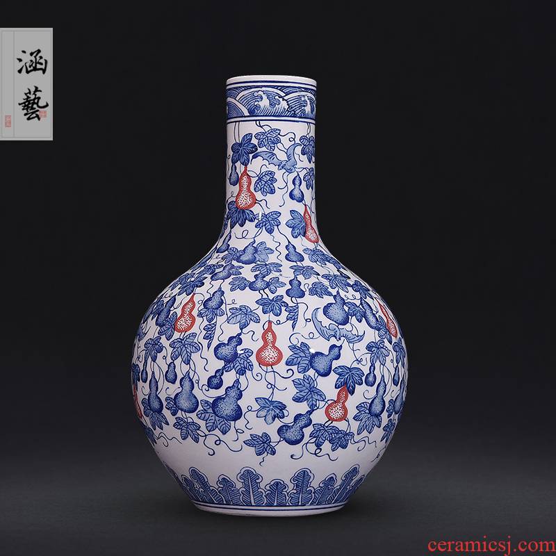 Jingdezhen chinaware bottle gourd figure of blue and white porcelain vase of new Chinese style living room porch flower adornment handicraft furnishing articles