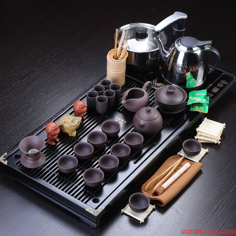 Injection machine violet arenaceous kung fu tea set household ceramics office of a complete set of tea cups of electrical accessories solid wood tea tray
