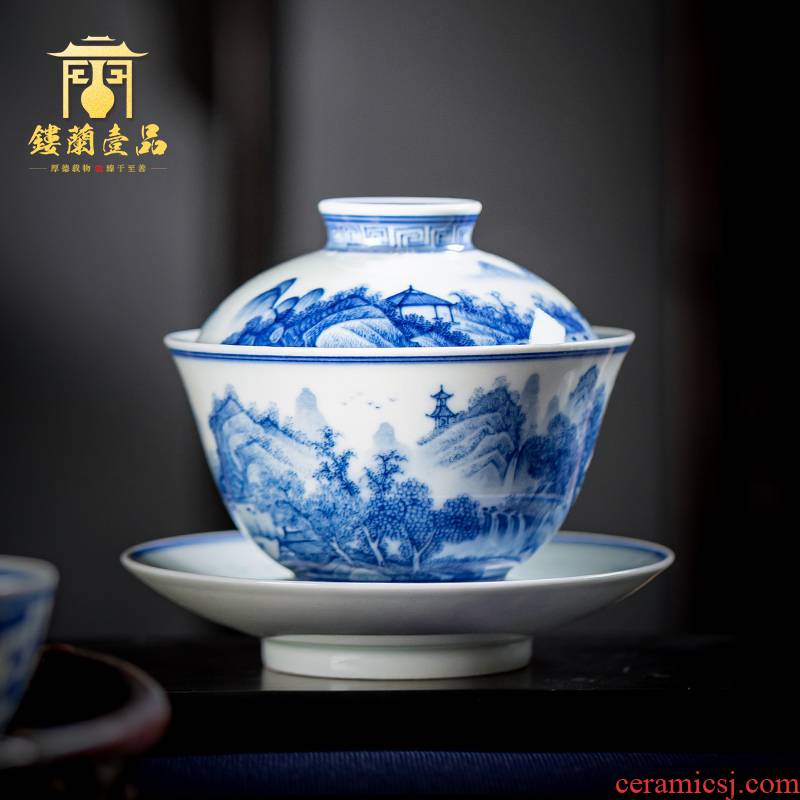 Jingdezhen ceramic hand - made porcelain three to maintain landscape tureen kung fu tea cup large household tea bowl