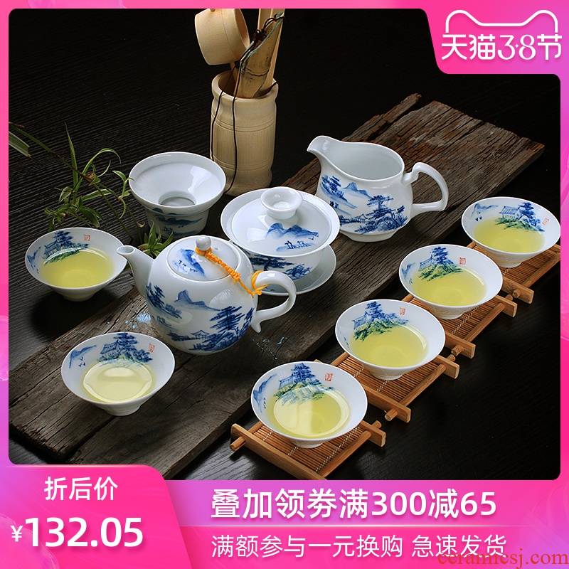 High white hand - made thin body of blue and white porcelain tea set suit household ceramics of a complete set of kung fu tea teapot teacup under glaze color