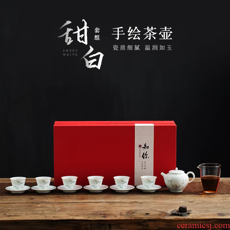 Earth story jingdezhen MoZhu kung fu tea set suit pure hand - made under the glaze color of a complete set of ceramic teapot teacup